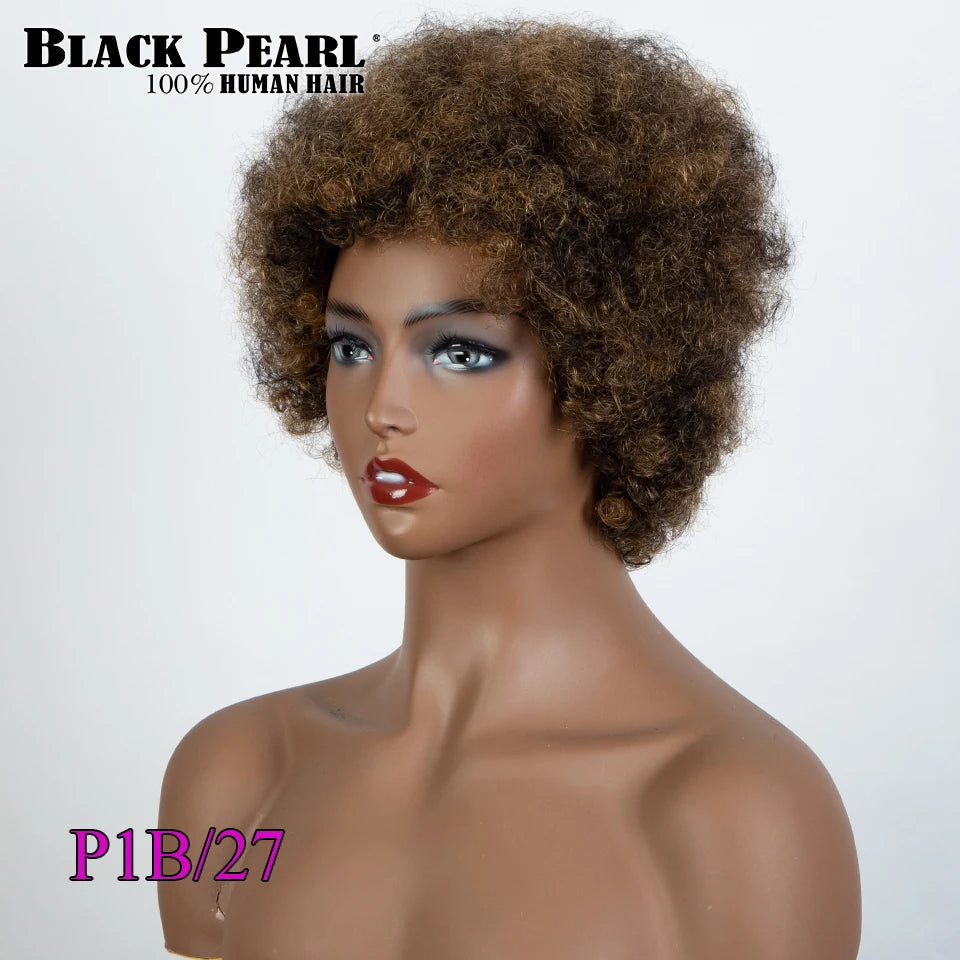 Short Curly Human Hair Wigs with Bangs Human Hair Wig for Black Women Short Curly Bob Glueless Wig Brown Mixed Blonde