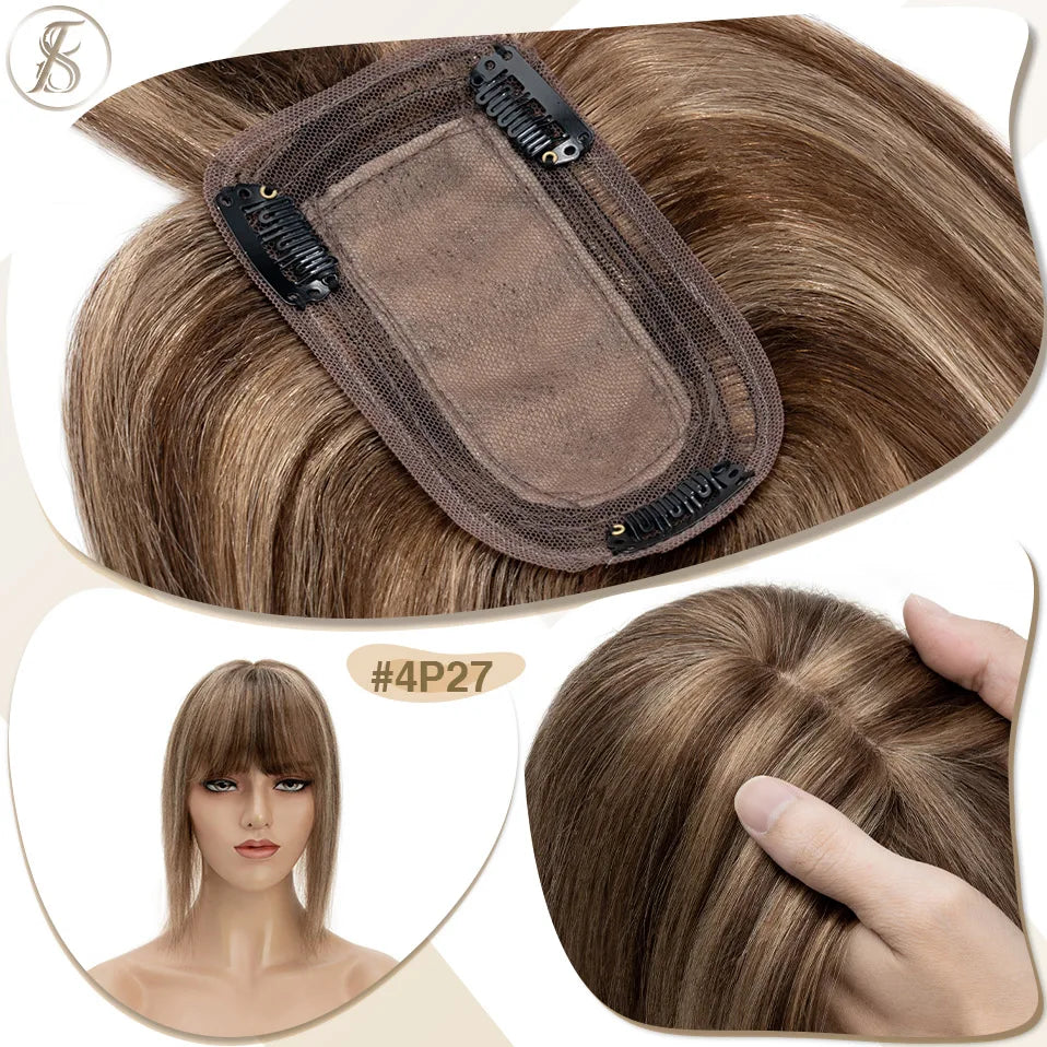 TESS Women Topper 7x12.5cm Hair Toppers With Bangs Hair Clips Natural Hair Wigs 100% Human Hair Silk Base Clip In Hair Extension