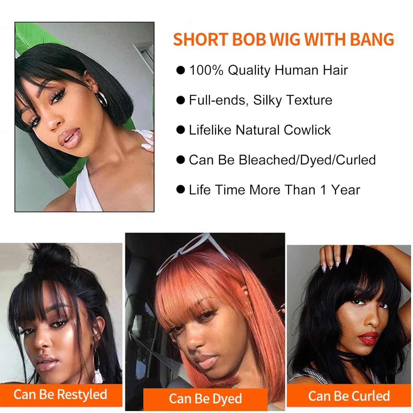 Glueless Bone Straight Short Bob Human Hair Wig With Bangs Brazilian Wigs For Black Women Ready To Wear Cheap On Sale Clearance