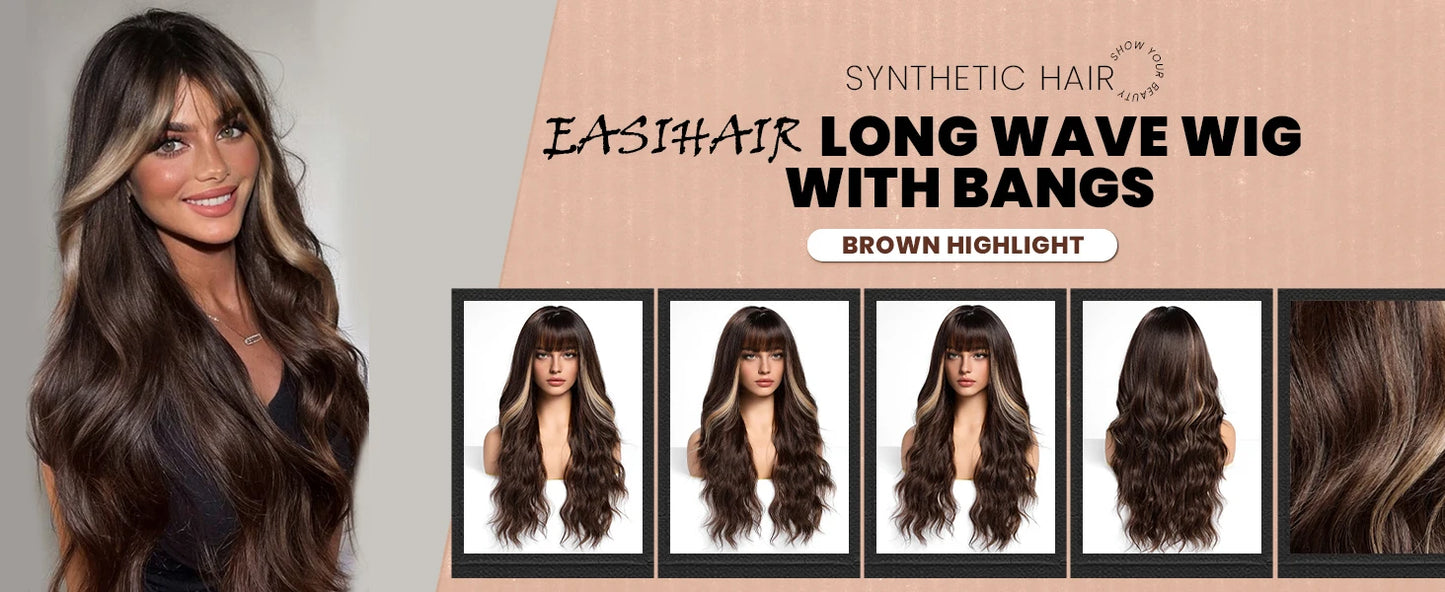 Dark Brown Synthetic Wigs with Bangs Long Curly Wavy Brown Wigs with Blonde Highlights for Afro Women Daily Party Heat Resistant