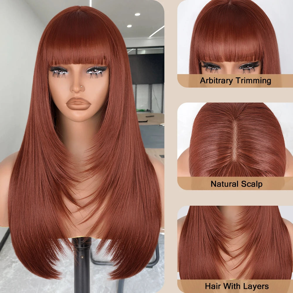 Reddish Brown Straight Layered Cut Lace Wigs with Bangs HD Lace Fake Scalp Synthetic Natural Layered Lace Front Wig Glueless Wig