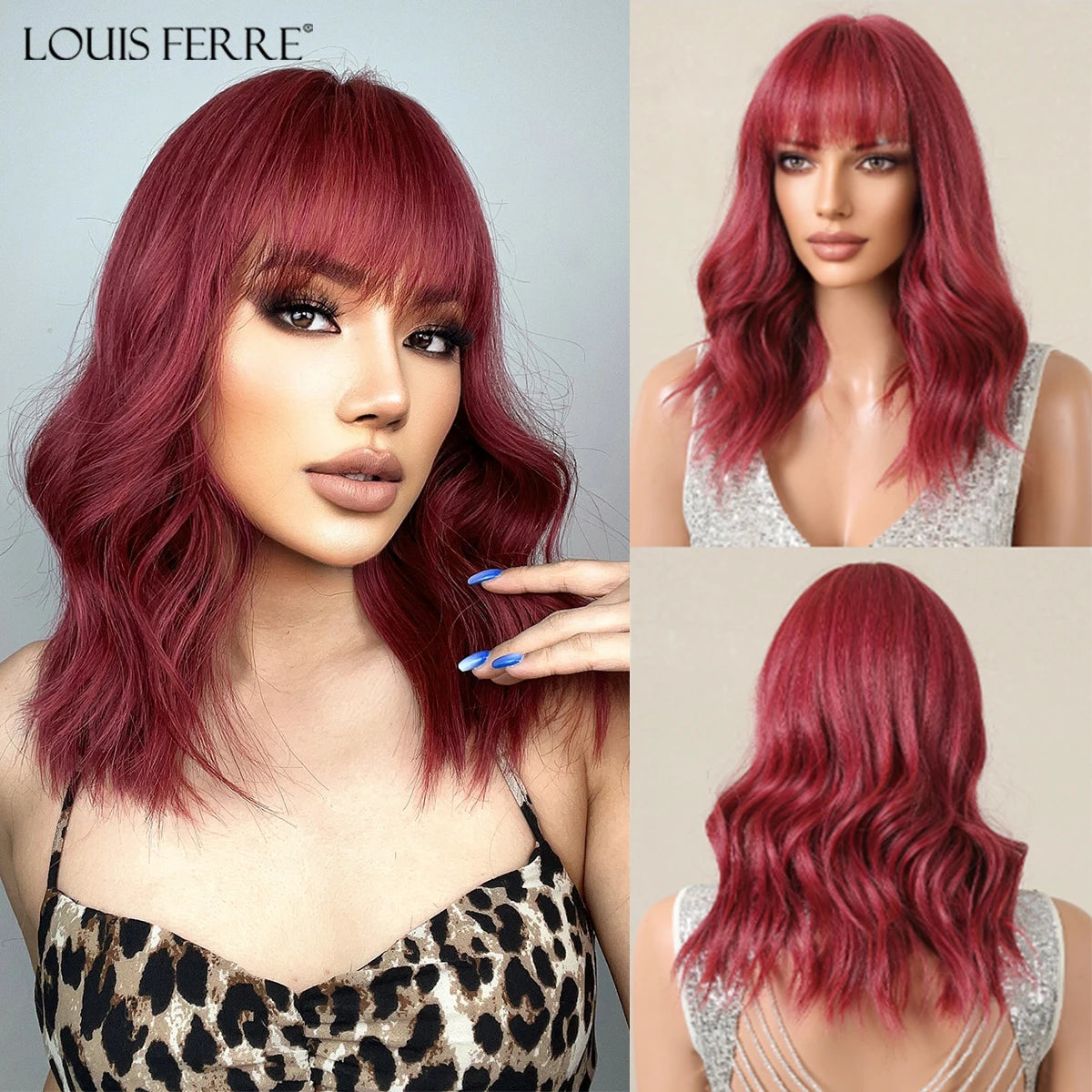 LOUIS FERRE Short Light Pink Bob Wigs With Bangs Natural Synthetic Wigs for Women Daily Cosplay Hair Heat Resistant Fibre Wig