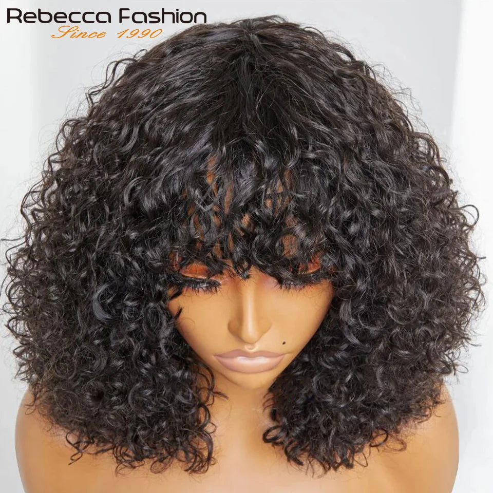 Jerry Curly Short Bob Human Hair Wigs With Bangs Wear To Go Glueless Wig Ombre 99J Water Wave Blonde Colored Wig For Women