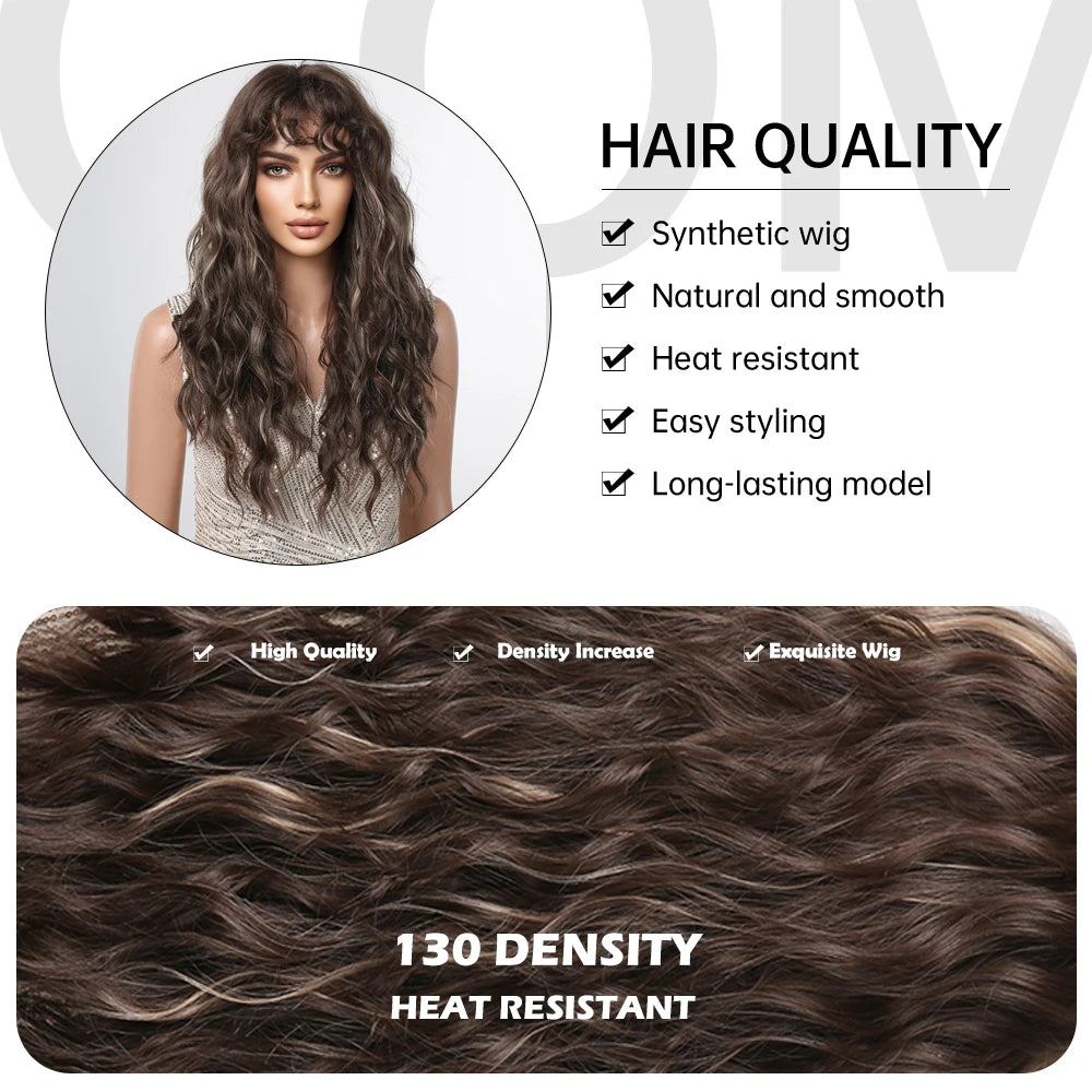EASIHAIR Brown Black Kinky Curly Wave Synthetic Wigs with Bangs Deep Wave Long Hair Wigs for Women Daily Cosplay Heat Resistant