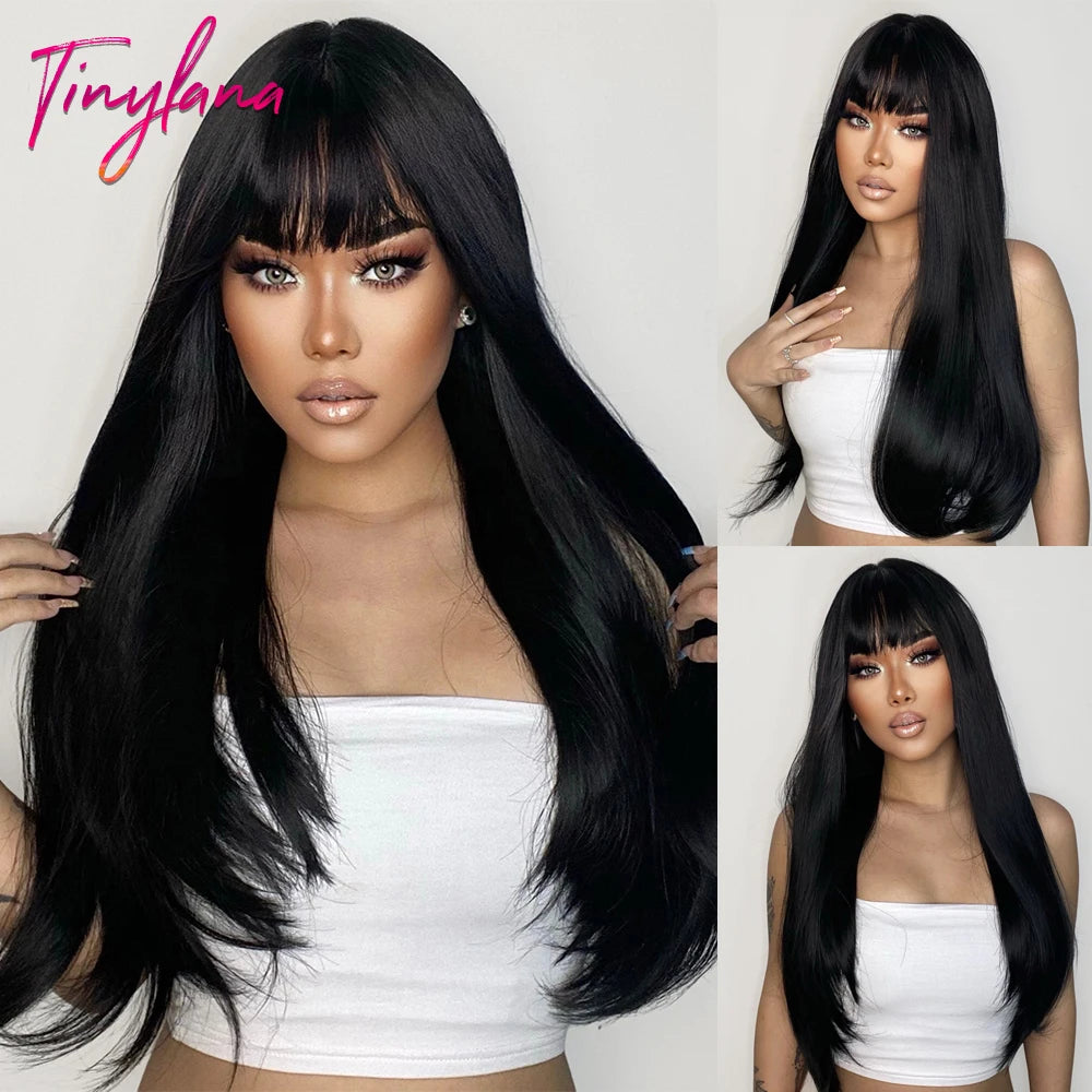 Ombre Gray Brown Synthetic Wigs Long Straight Ash Cosplay Wig with Bangs for Women Afro Natural Party Daily Heat Resistant Hair