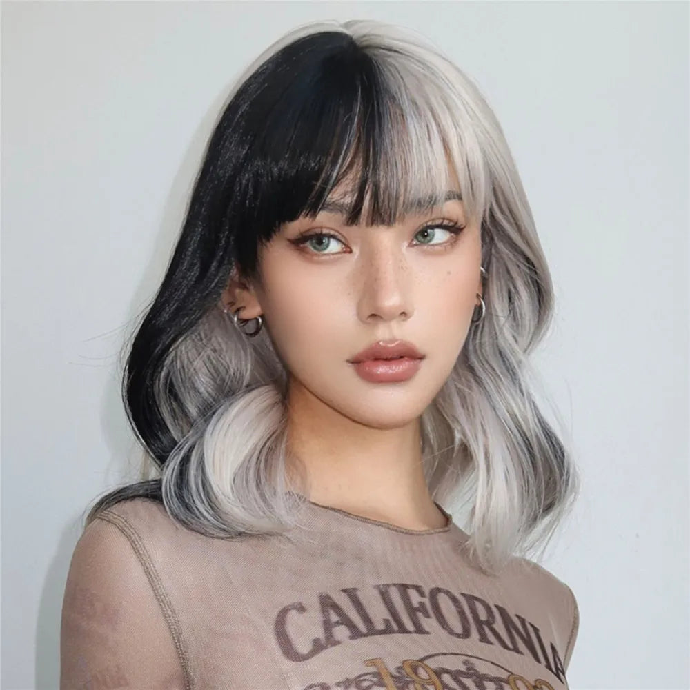HENRY MARGU Short Half Black And Half White Wig Curly Wavy Shoulder Length Synthetic Hair Cosplay Wig with Bangs for Halloween