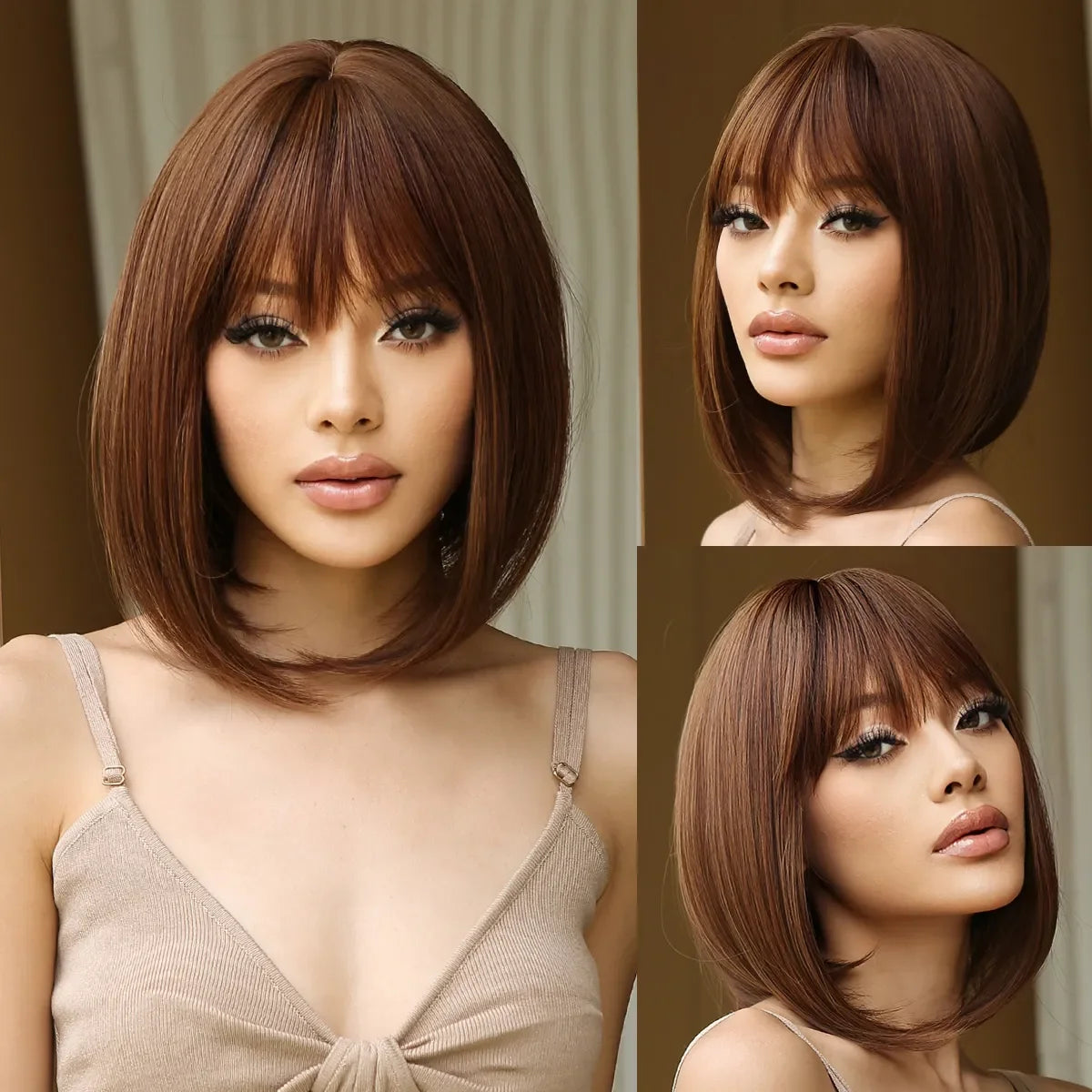 LOUIS FERRE Short Light Pink Bob Wigs With Bangs Natural Synthetic Wigs for Women Daily Cosplay Hair Heat Resistant Fibre Wig