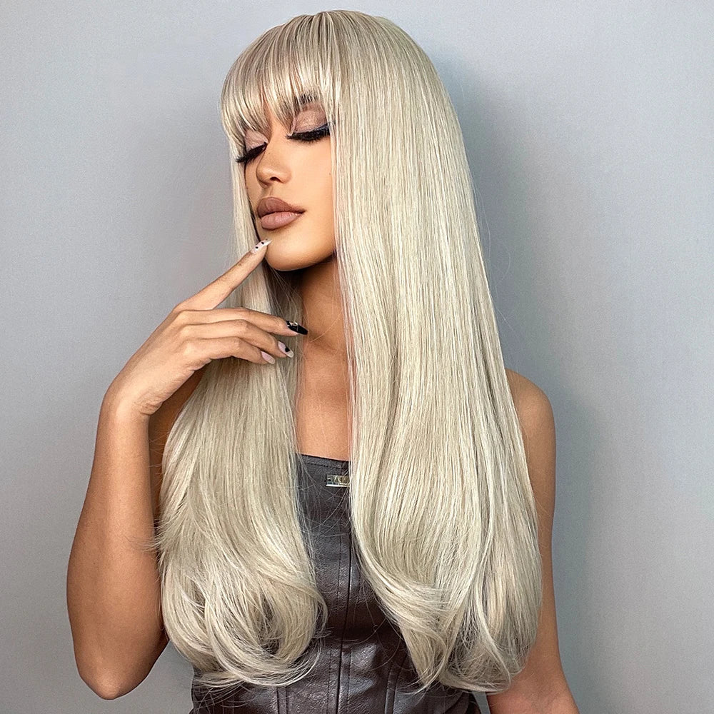 HENRY MARGU Long Natural Wavy Platinum Blonde Wigs with Bangs Cosplay Party Lolita Synthetic Wigs for Women Heat Resistant Fiber