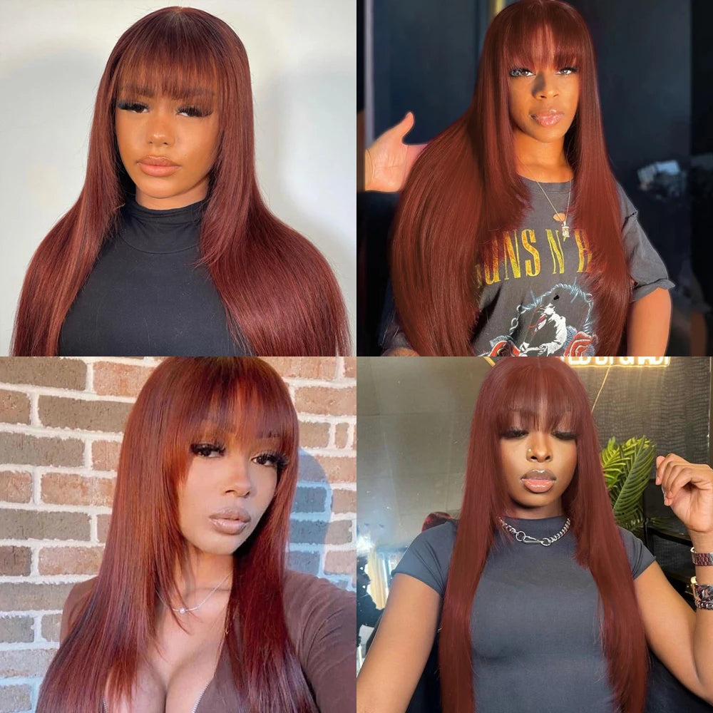 Reddish Brown Straight Layered Cut Lace Wigs with Bangs HD Lace Fake Scalp Synthetic Natural Layered Lace Front Wig Glueless Wig