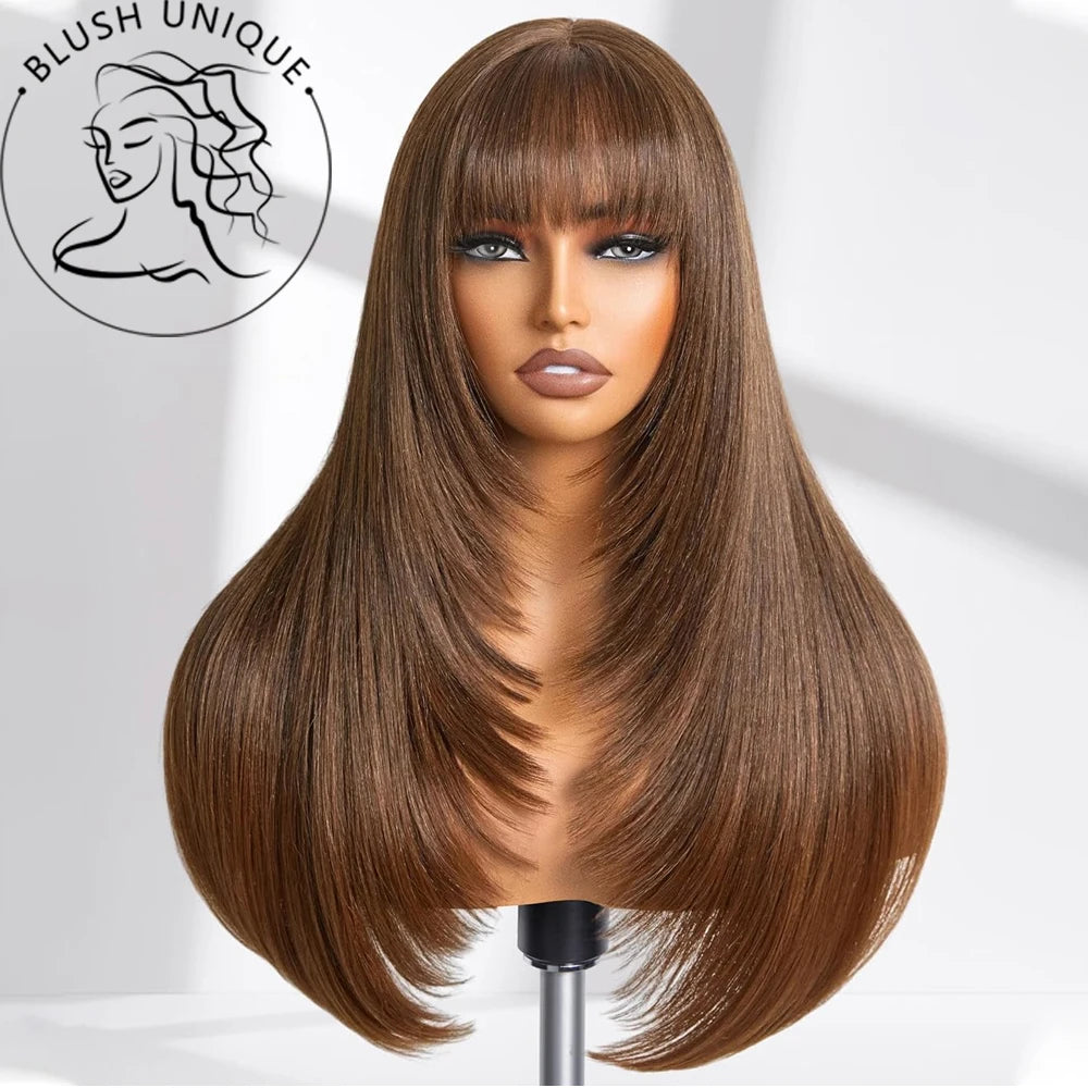 Reddish Brown Straight Layered Cut Lace Wigs with Bangs HD Lace Fake Scalp Synthetic Natural Layered Lace Front Wig Glueless Wig