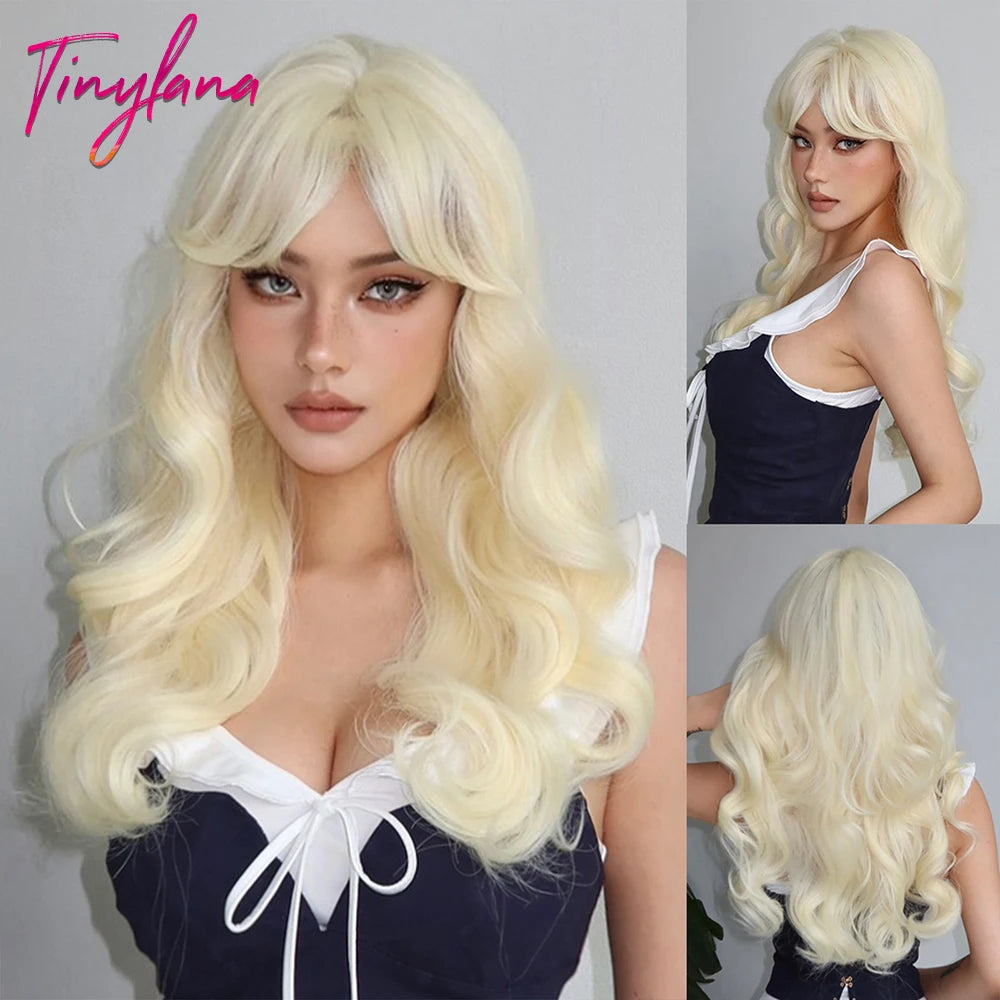 Blonde Ginger Yellow Lolita Cosplay Synthetic Wigs Long Curly Wavy Natural Hair with Bangs for Women Party Heat Resistant Wig
