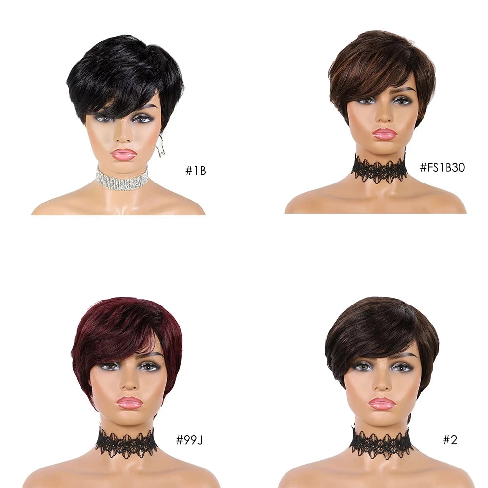 DQ Short Razor Cut Wavy Bob Pixie Wigs Non Lace Front Human Hair Wigs With Bangs For Women Full Machine Made Remy Brazilian