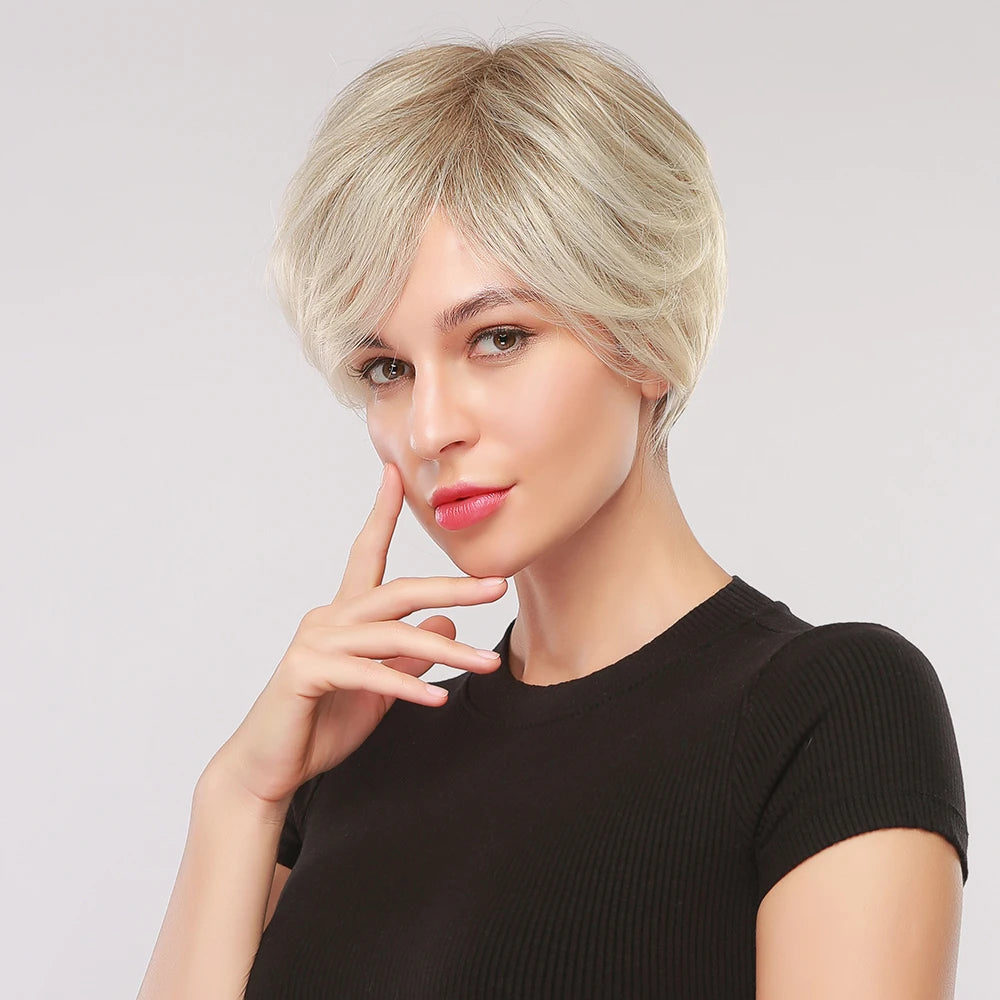 ELEMENT Synthetic Short Straight Wig Black Ombre Blonde Bob Wigs with Bangs for Women Cosplay Party Daily Hair Headband