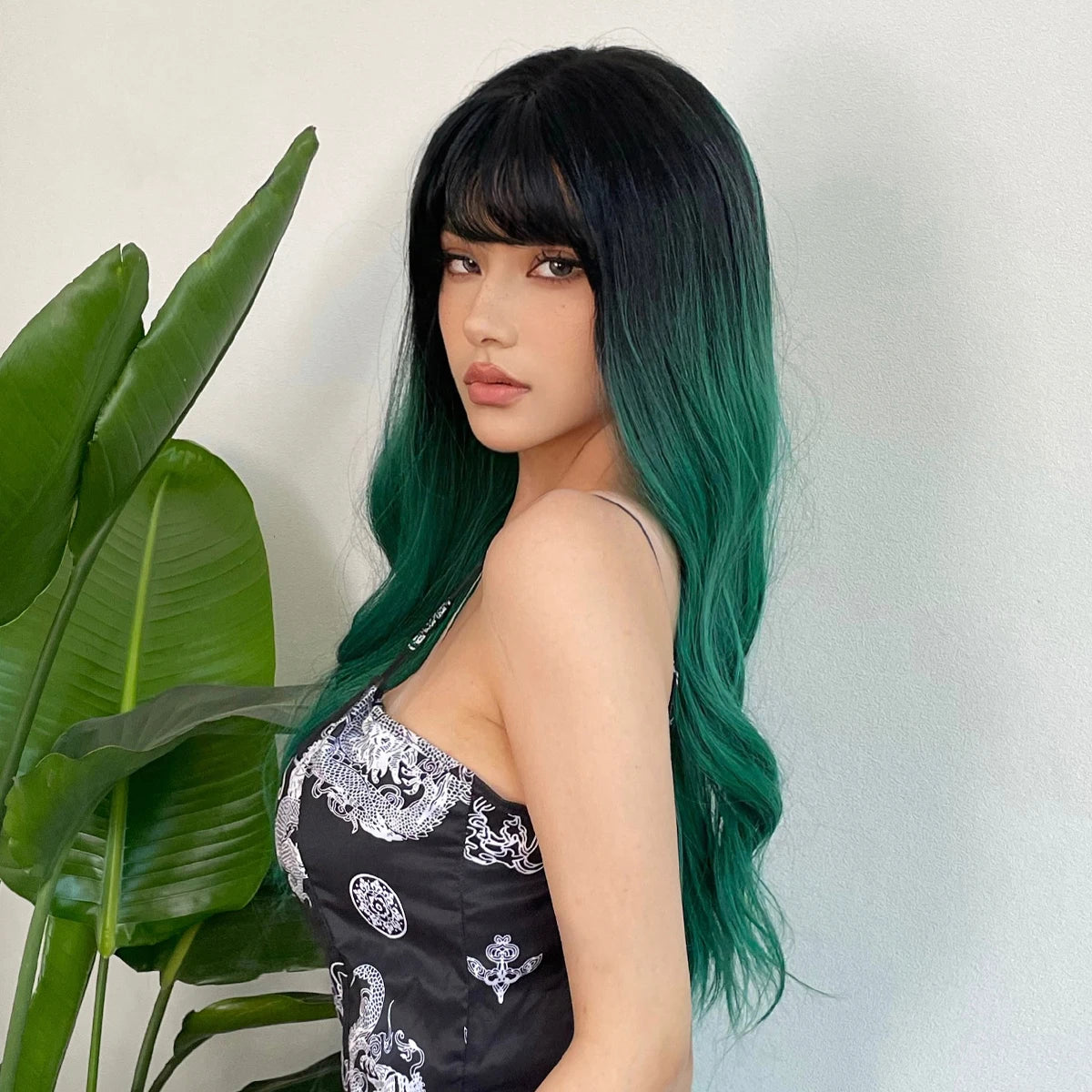 LOUIS FERRE Synthetic Black Green Ombre Long Wavy Curly Wig for Women Natural Hair With Bangs Cosplay Party Heat Resistant Wig