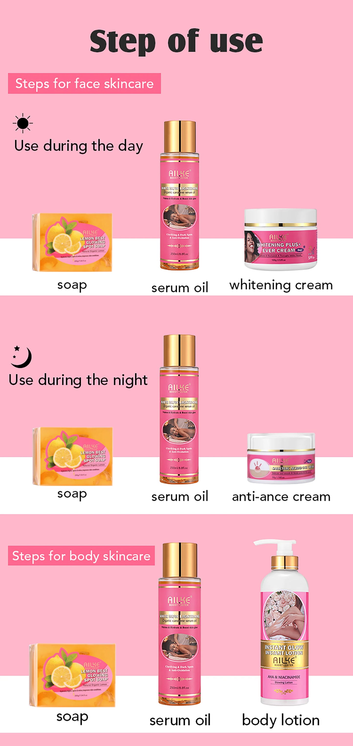 AILKE Brightening Skin Care Set, Reduce Dark Spots, Acne, Moisturizing, Nourishing and Smooth Skin, Non-Greasy, Absorb Instantly