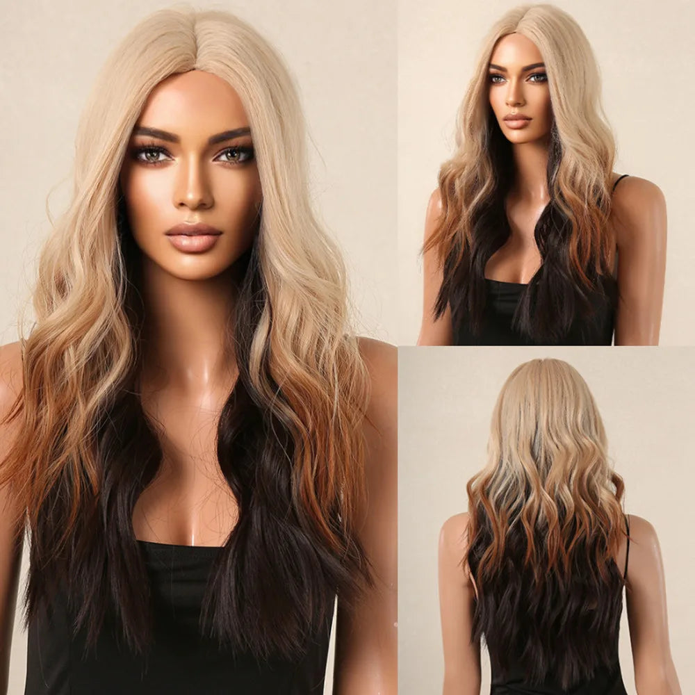 ALAN EATON Ombre Blonde Brown Wave Synthetic Wig Long Natural Looking Hair Wigs with Bangs for Women Daily Heat Resistant Fiber