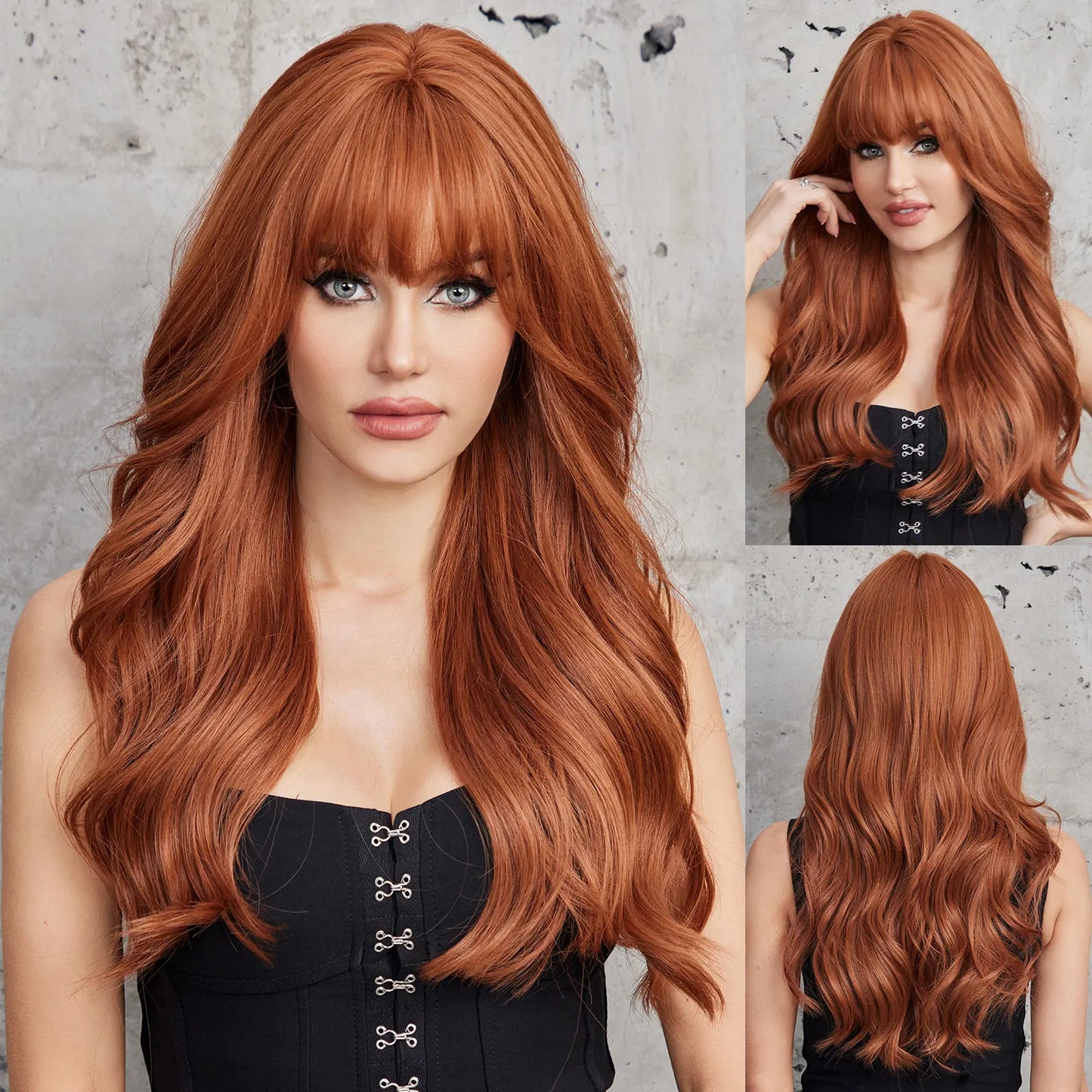 LOUIS FERRE Dark Brown Long Wavy Natural Hair Women's Synthetic Wig With Bangs Long Water Wave Daily Cosplay Hair Heat Resistant