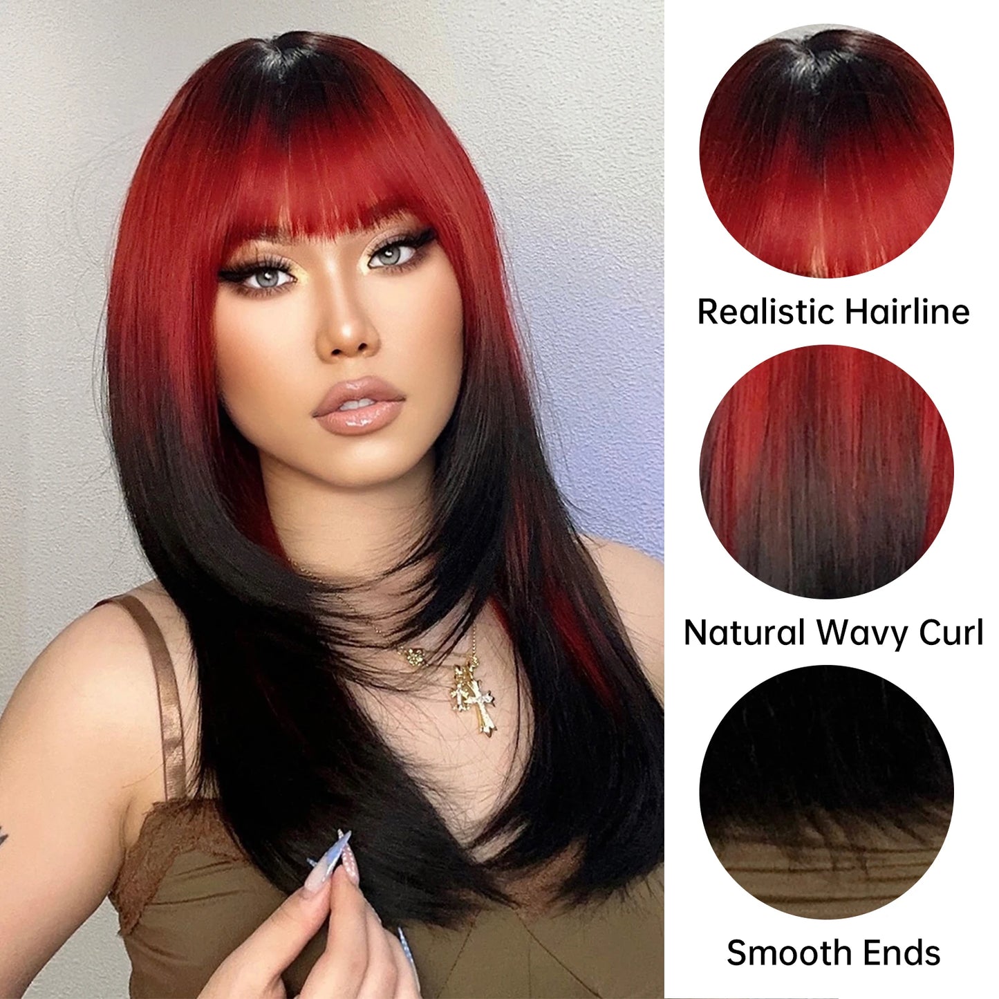 HENRY MARGU Ombre Red to Black Synthetic Wigs with Bangs Long Straight Layered Wig Colored Party Heat Resistant Hair for Women