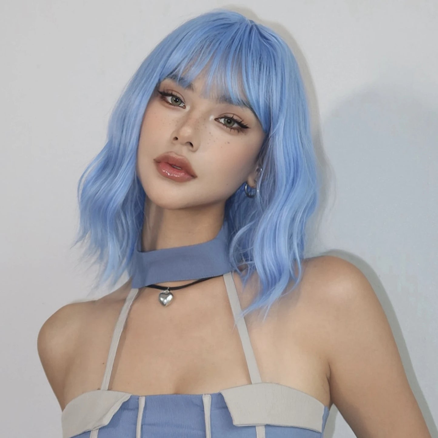 Bob Blue Curly Wavy Wigs with Bangs Short Colorful Cosplay Wigs for Women Afro Halloween DaiIy Natural Heat Resistant Fake Hair