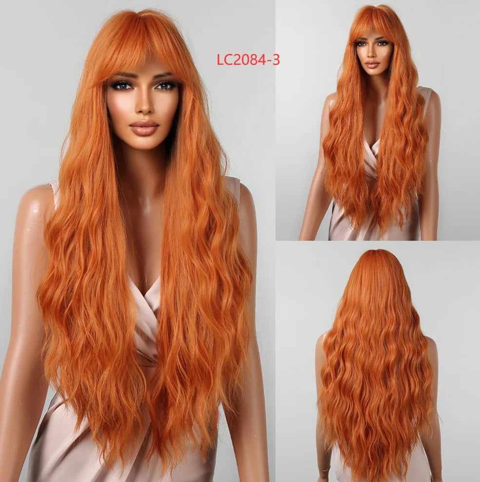 Pink Red Long Curly Wavy Synthetic Wigs Lolita Cosplay Hair With Bangs for Women Natural Water Wave Party Heat Resistant Wig
