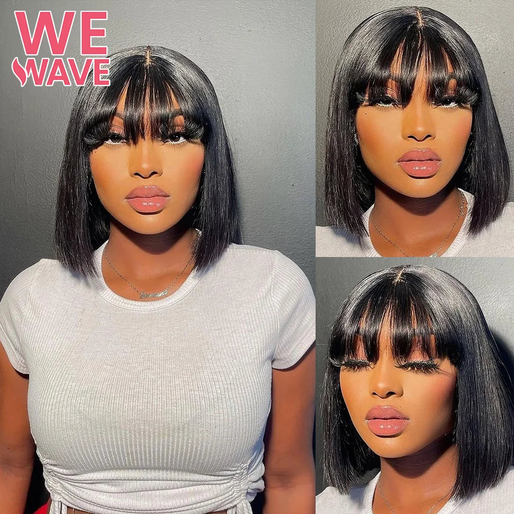 Glueless Straight Human Hair Wig With Bangs Short Bob Wig Human Hair Pre Plucked Brazilian Black Hair For Women Ready To Wear