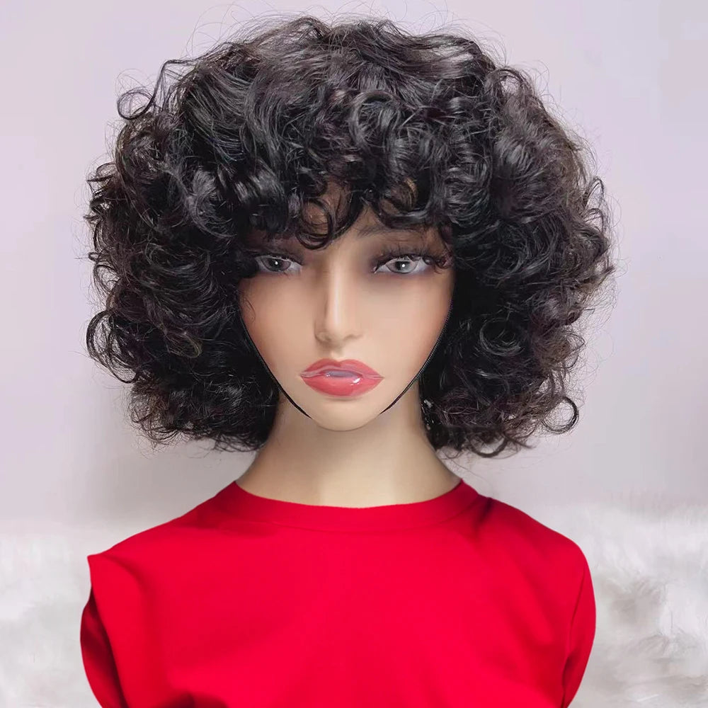 Funmi Curly Full Machine Made Short Bob Wig with Bangs Glueless Ready to Wear Loose Curly Vietnamese Human Hair Wigs for Women