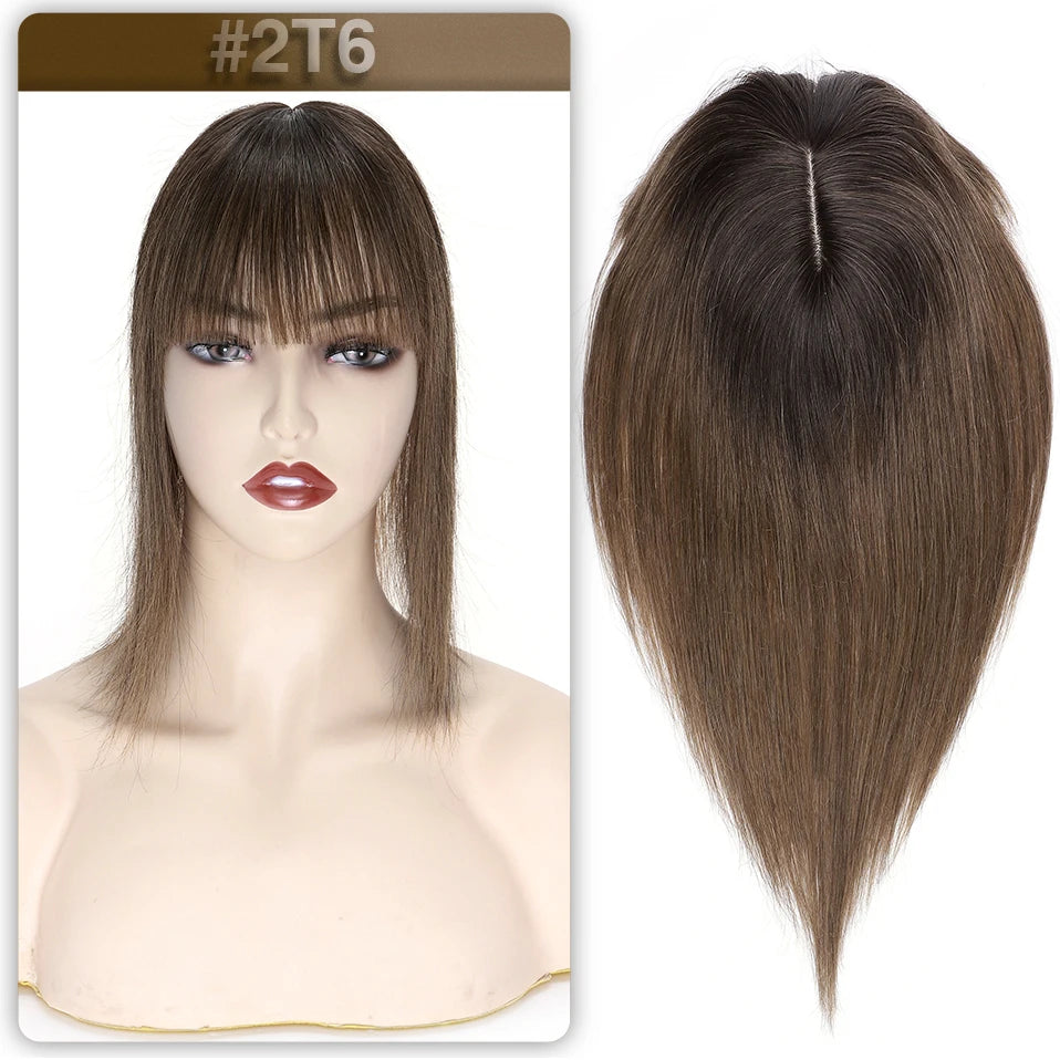 S-noilite Women Toppers Hair With Bangs Human Hair 7x13cm Silk Base Hair Cilp Wig Clip In Hair Extensions Hairpiece Natutal Hair