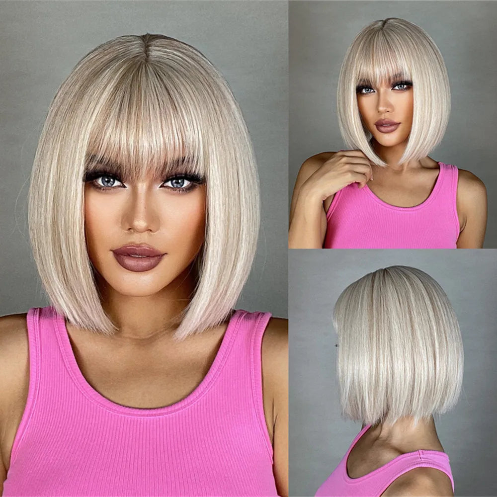 HENRY MARGU Brown Short Bob Straight Wigs with Pink Highlight Women Brown Daily Wig Synthetic Hair Wig with Bangs Heat Resistant
