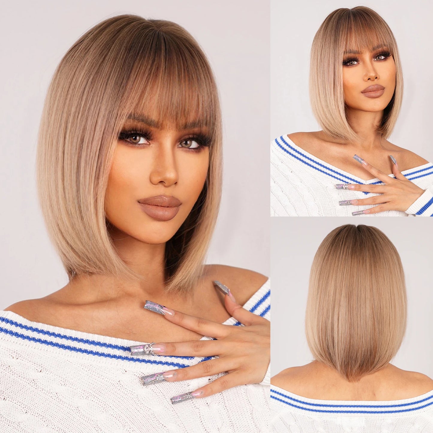 LOUIS FERRE Short Light Pink Bob Wigs With Bangs Natural Synthetic Wigs for Women Daily Cosplay Hair Heat Resistant Fibre Wig