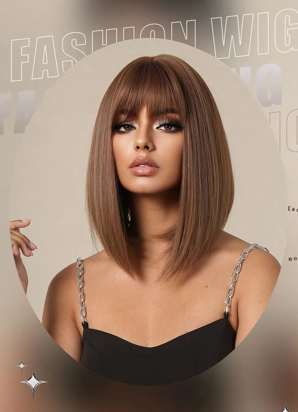LOUIS FERRE Short Straight Synthetic Wigs for Women Brown Bob Wigs with Bangs Daily Cosplay Medium Length Heat Resistant Hair