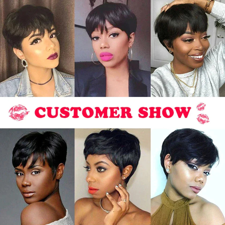 Layered Pixie Wig Human Hair For Black Women Full Machine Made Wigs With Bangs Short Bob Pixie Cut Brazilian Human Hair Wigs
