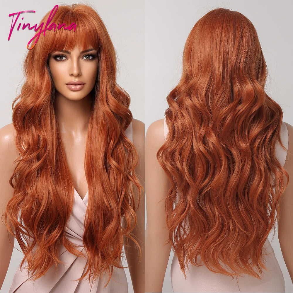 Orange Copper Red Yellow Synthetic Wigs Long Wavy Ginger Wig with Bangs for Women Natural Cosplay Body Wave Heat Resistant Hair