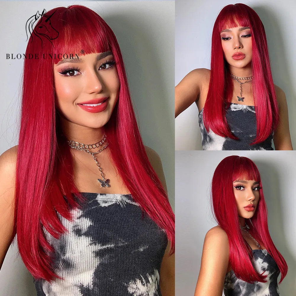 Blonde Unicorn Cherry Red Wig Synthetic Long Wavy Wig with Bangs Daily Party Cosplay Hair Wigs for Women Heat Resistant Fiber