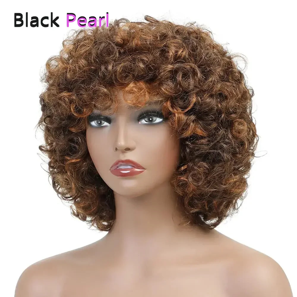 Short Curly Human Hair Wigs with Bangs Human Hair Wig for Black Women Short Curly Bob Glueless Wig Brown Mixed Blonde
