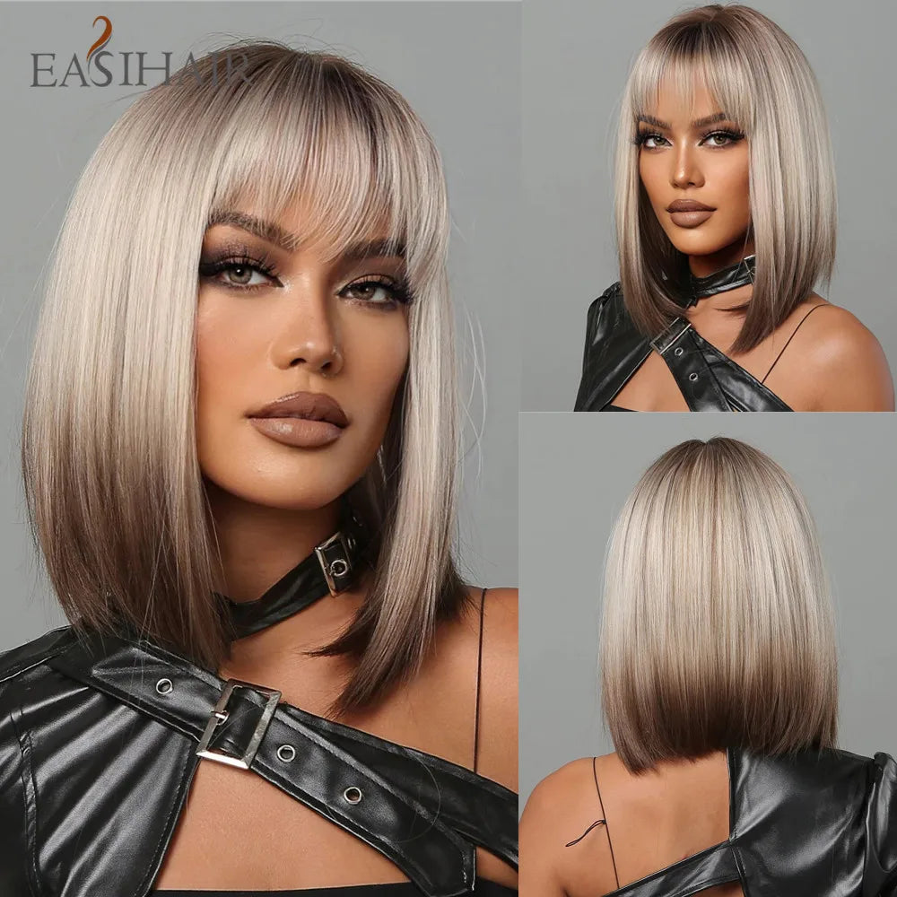 EASIHAIR Copper Ginger Synthetic Wigs with Bangs Medium Length Straight Hair Wig for Women Daily Cosplay Natural Heat Resistant