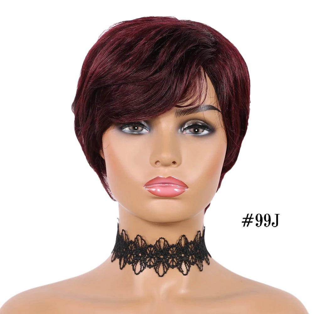 DQ Short Razor Cut Wavy Bob Pixie Wigs Non Lace Front Human Hair Wigs With Bangs For Women Full Machine Made Remy Brazilian