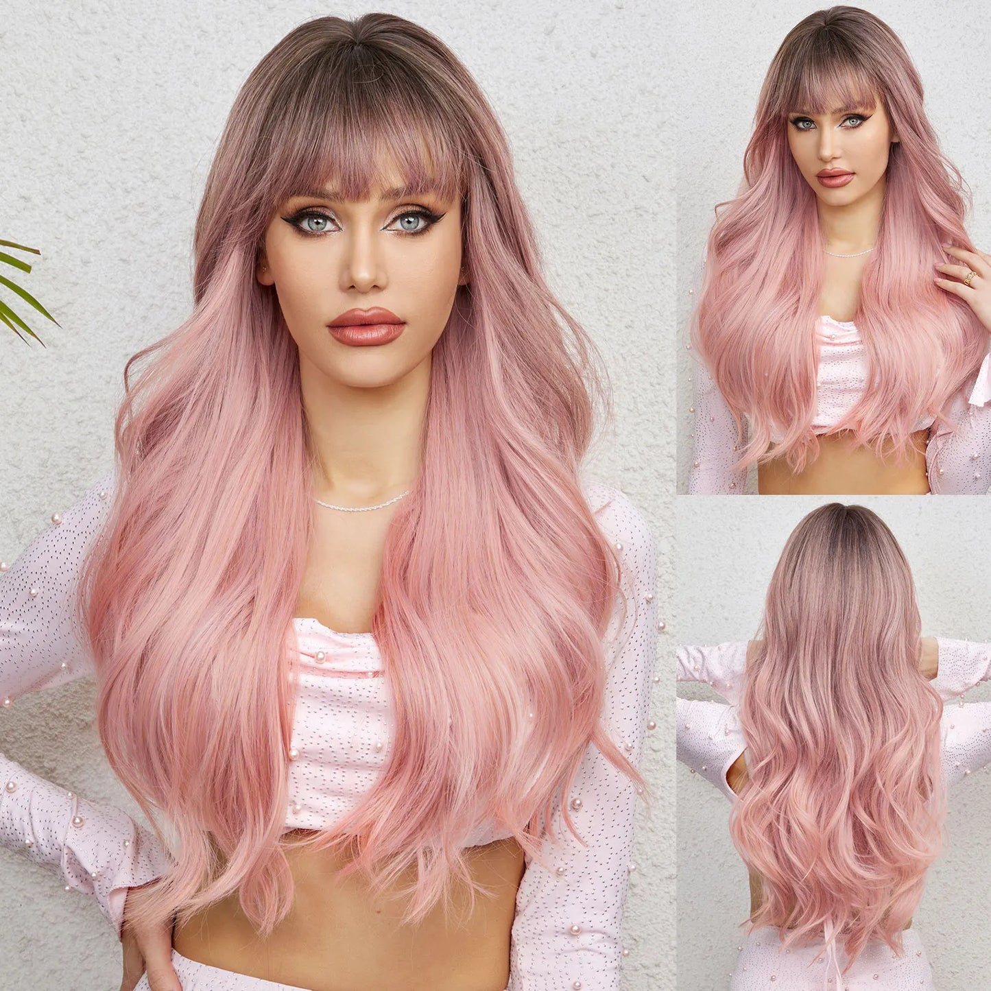 LOUIS FERRE Dark Brown Long Wavy Natural Hair Women's Synthetic Wig With Bangs Long Water Wave Daily Cosplay Hair Heat Resistant