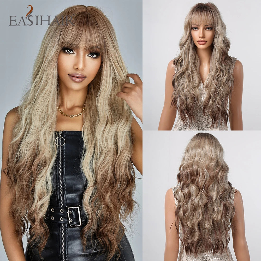 Ombre Light Brown Wigs with Bangs Blonde Highlight Long Curly Wavy Synthetic Wigs for Women Daily Cosplay Party Heat Resistant