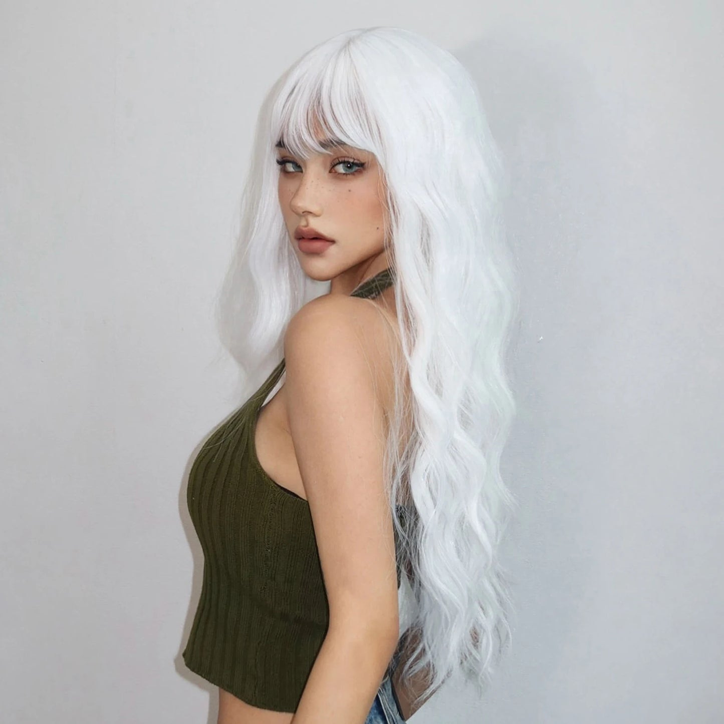 Long Curly White Platinum Synthetic Wigs with Bangs for Women Afro Cosplay Lolita Wavy Wig Natural Hair Heat Reisitant Daily Use