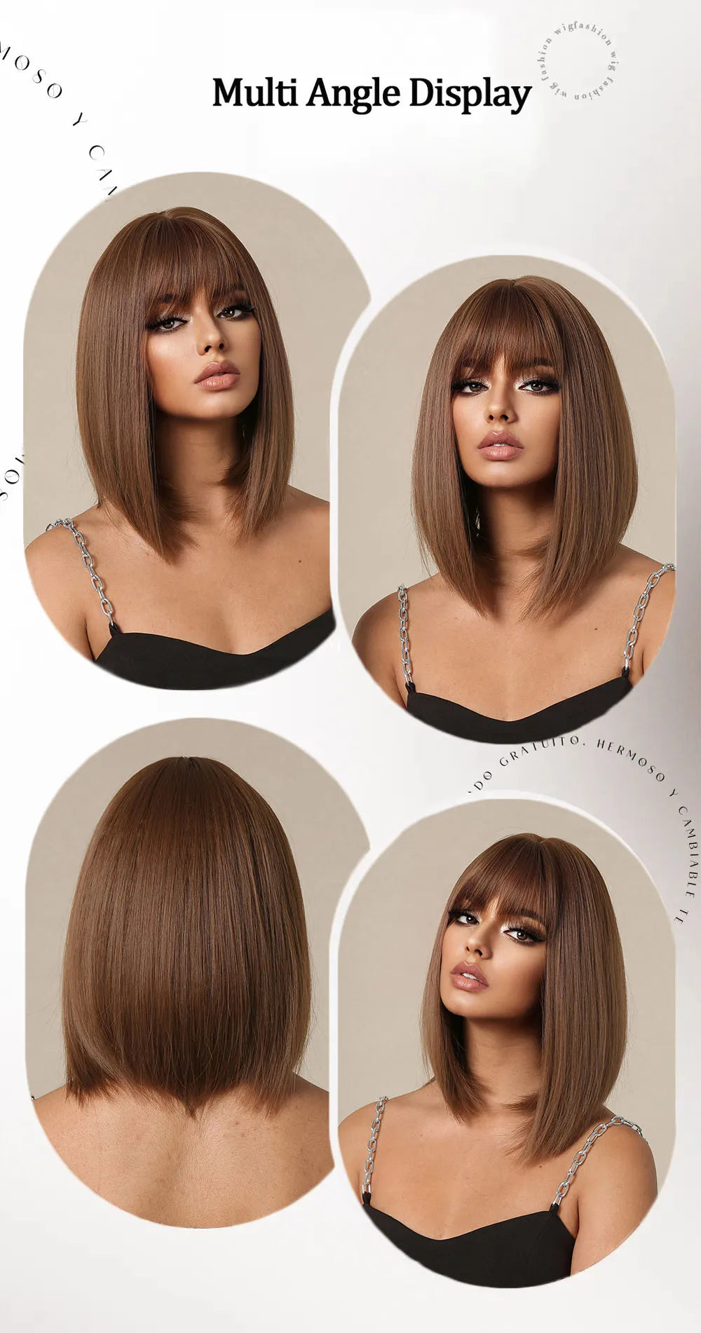 LOUIS FERRE Short Straight Synthetic Wigs for Women Brown Bob Wigs with Bangs Daily Cosplay Medium Length Heat Resistant Hair