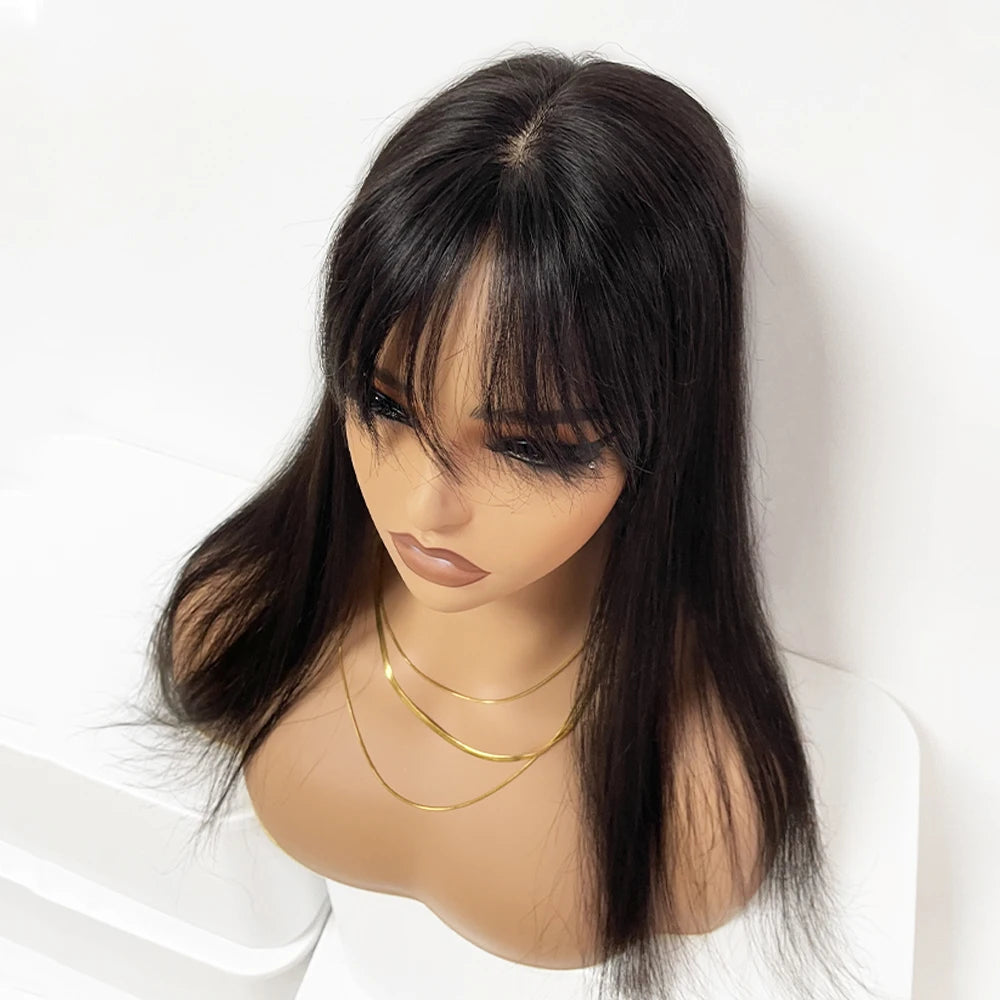 All Sizes Silk Base Virgin Human Hair Toppers with Bangs Full Handmade Silk Top Human Hair Piece Fringe Women Toupee With Clips