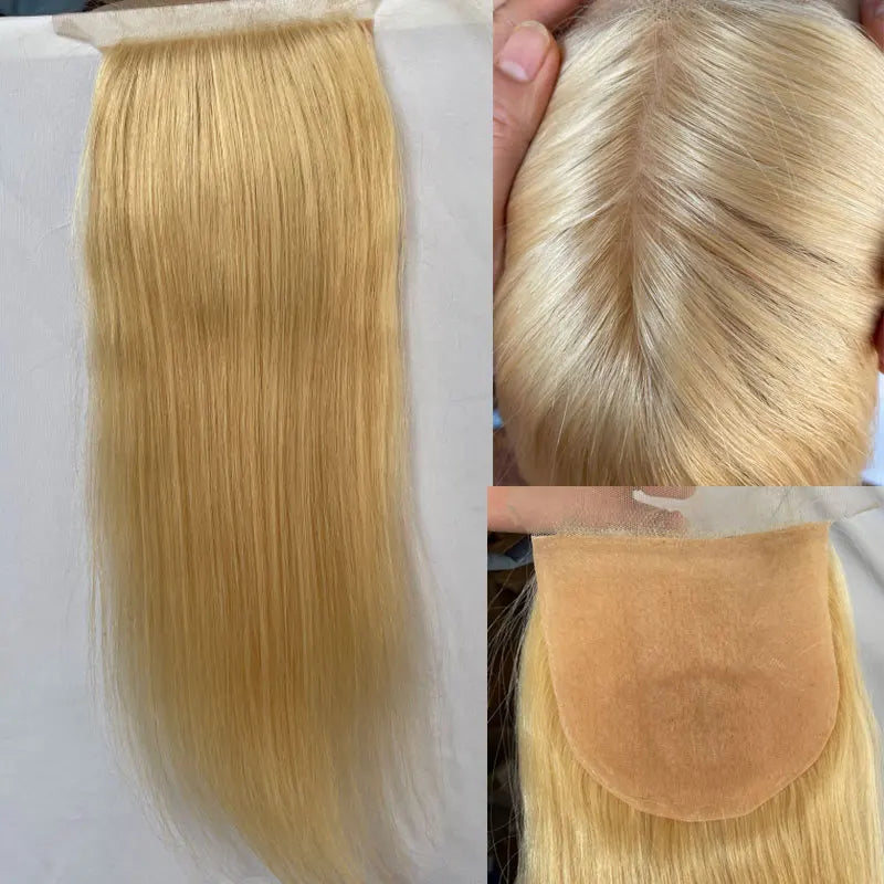 Brazilian Virgin Human Hair Lace Closure For Women Silk Base Top Straight Natural Blonde, Free Part Closure 4x4 "#613 Color