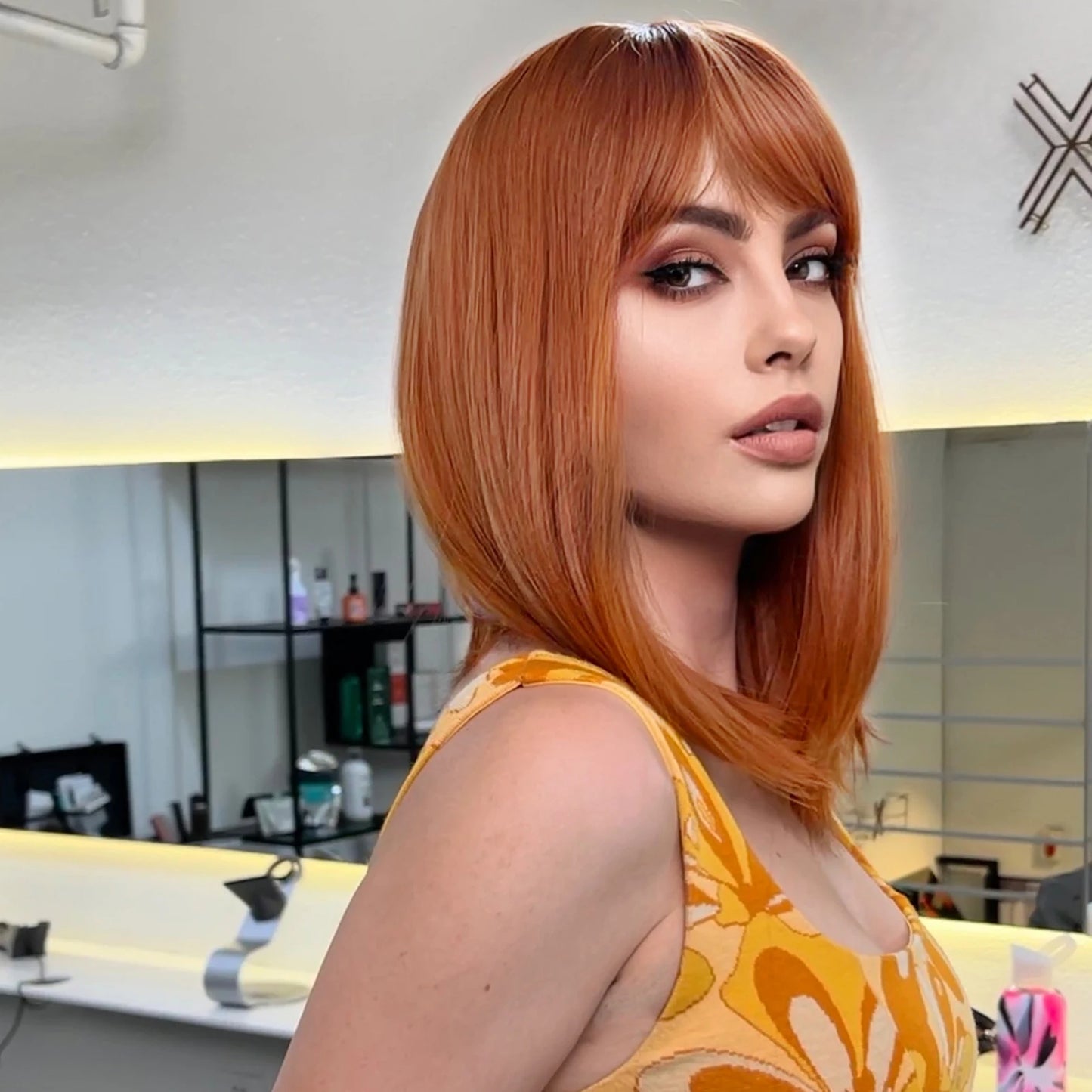 EASIHAIR Copper Ginger Synthetic Wigs with Bangs Medium Length Straight Hair Wig for Women Daily Cosplay Natural Heat Resistant