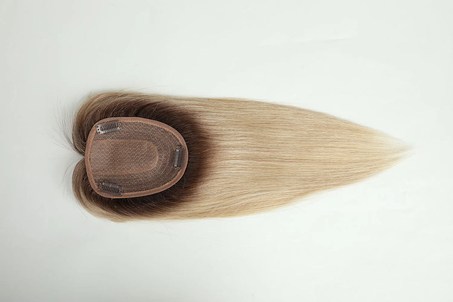 14 inch Hair Toppers for Women Brown Blonde Ombre Human Hair Toppers Silk Base Clips in Hair Extension Blonde Topper With Bangs