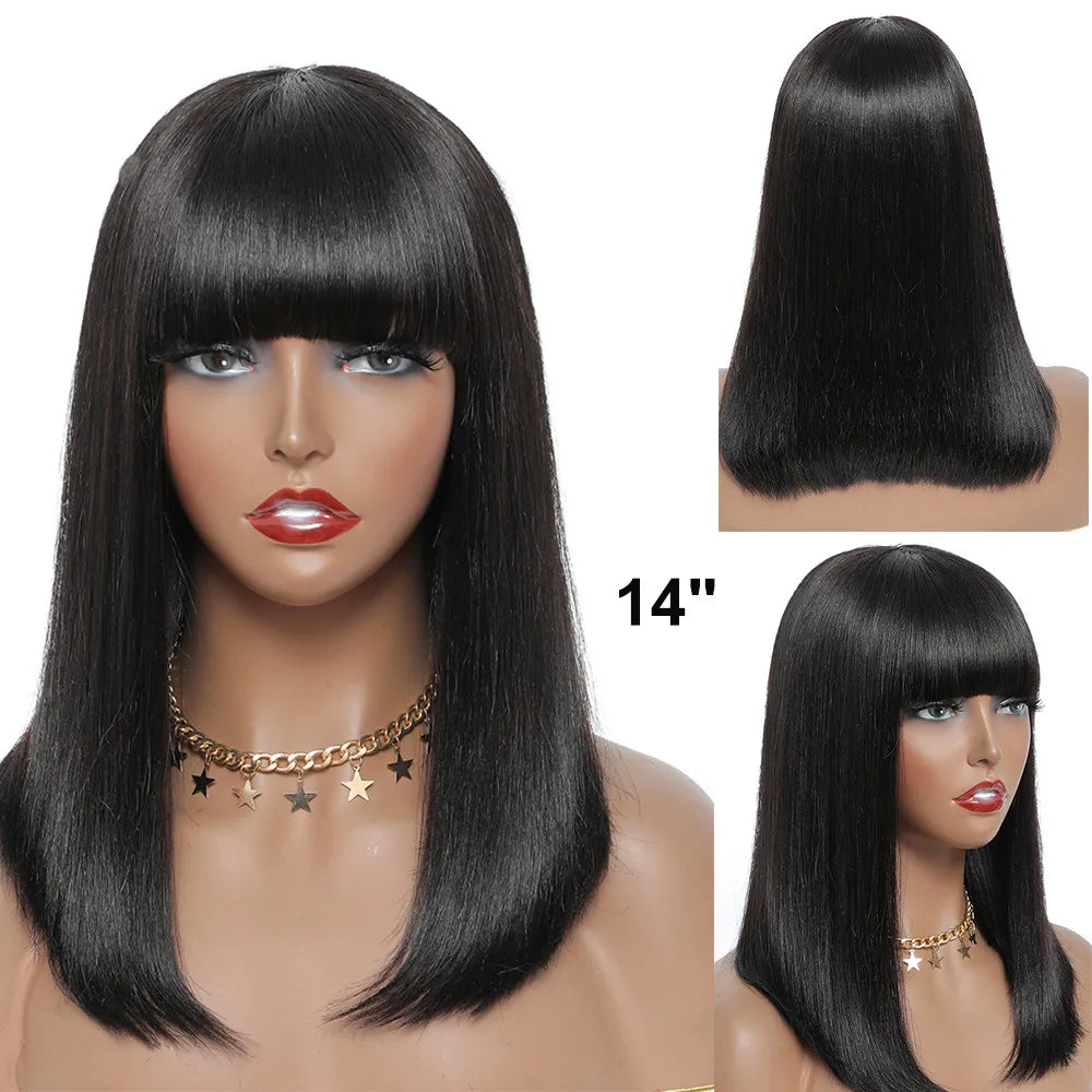 Straight Bob Human Hair Wigs With Bangs Short Brazilian Human Hair 150density For Woman No Lace Full Machine Made Human Hair Wig