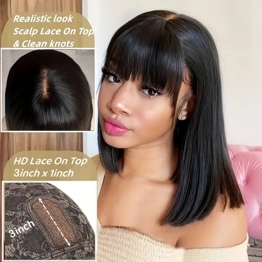 3X1 Straight Bob Wig With Bangs Full Fringe Machine Made Glueless Ready-to-Wear 30 Inch Brazilian Wig Human Hair Wig For Women