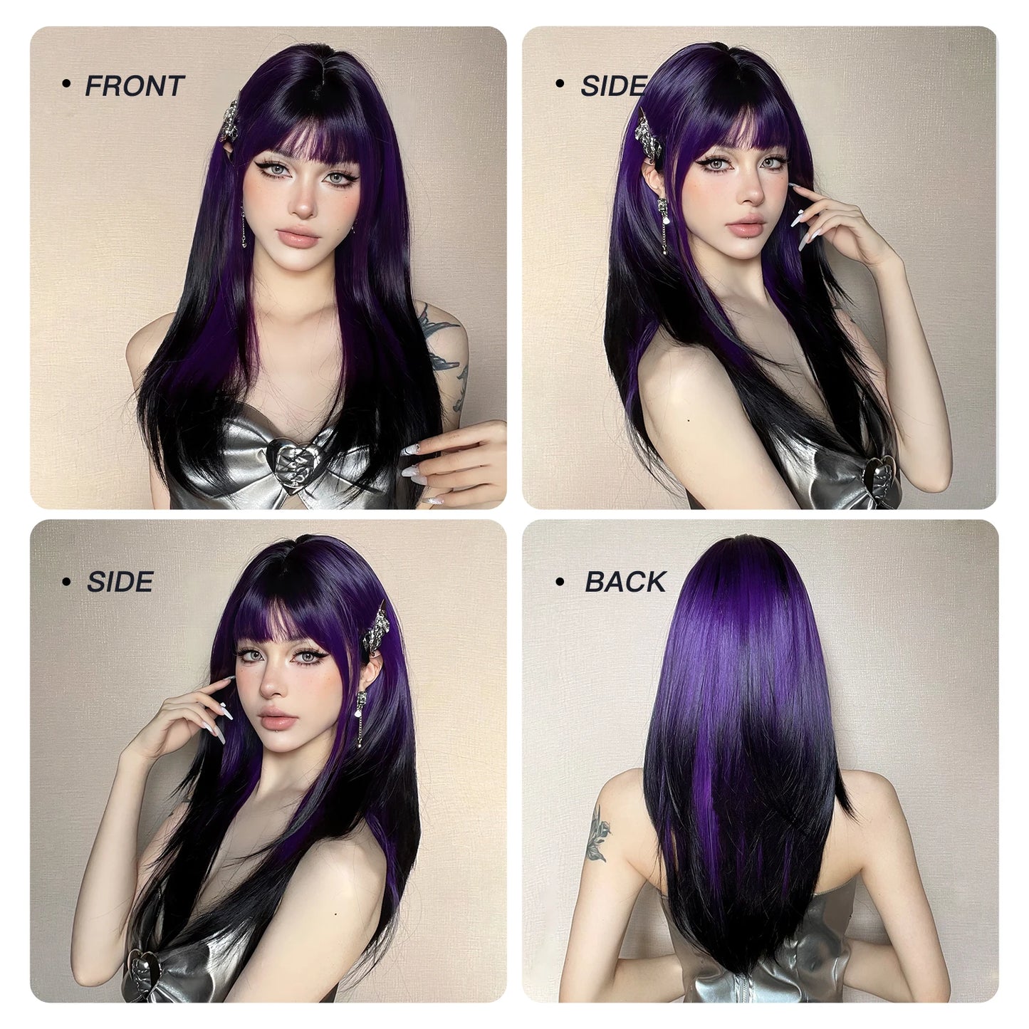 Long Straight Black Purple Synthetic Wig with Bangs Purple Ombre Cosplay Layered Wig for Women Party Heat Resistant Natural Hair