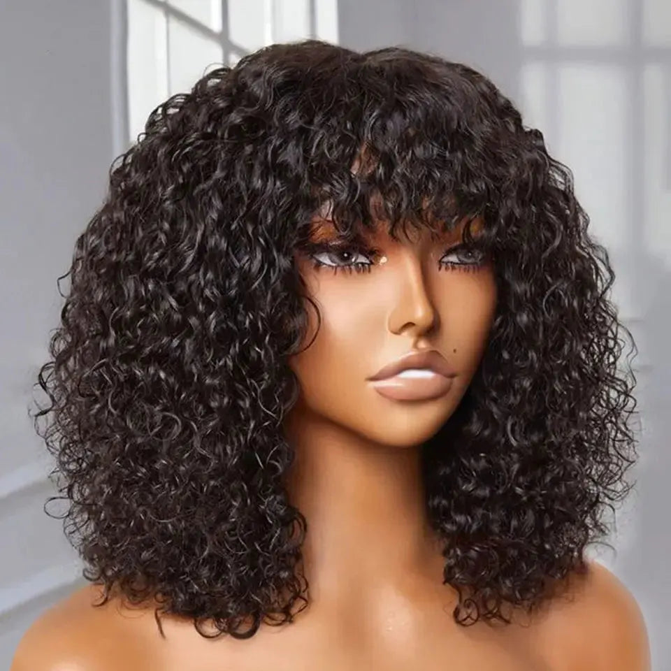 Jerry Curly Short Bob Human Hair Wigs With Bangs Wear To Go Glueless Wig Ombre 99J Water Wave Blonde Colored Wig For Women