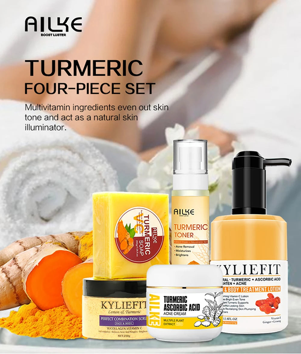 Organic Turmeric Skin Care Kit, Brighten, Remove Darkness, Spots, Acne, Lighten, Hydration, Exfoliate, Even Skin Tone,