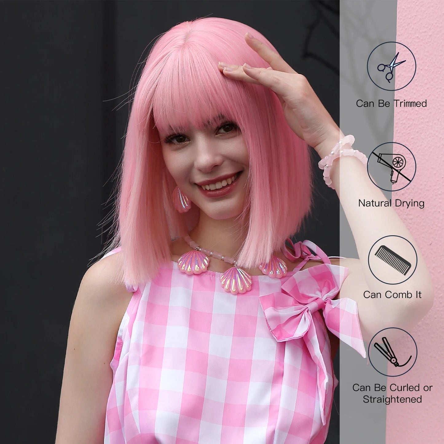 LOUIS FERRE Short Light Pink Bob Wigs With Bangs Natural Synthetic Wigs for Women Daily Cosplay Hair Heat Resistant Fibre Wig